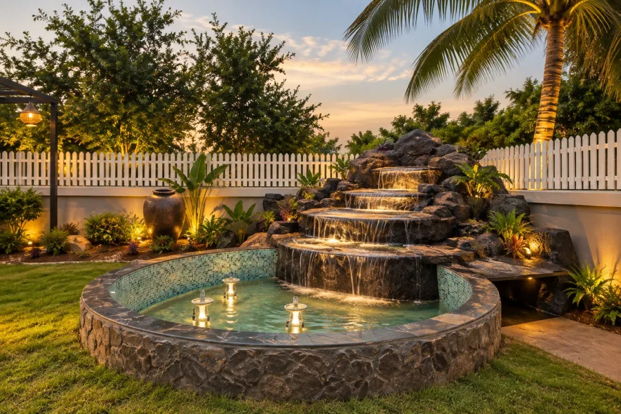 Rock cascade fountain spilling into a mosaic pool at dusk