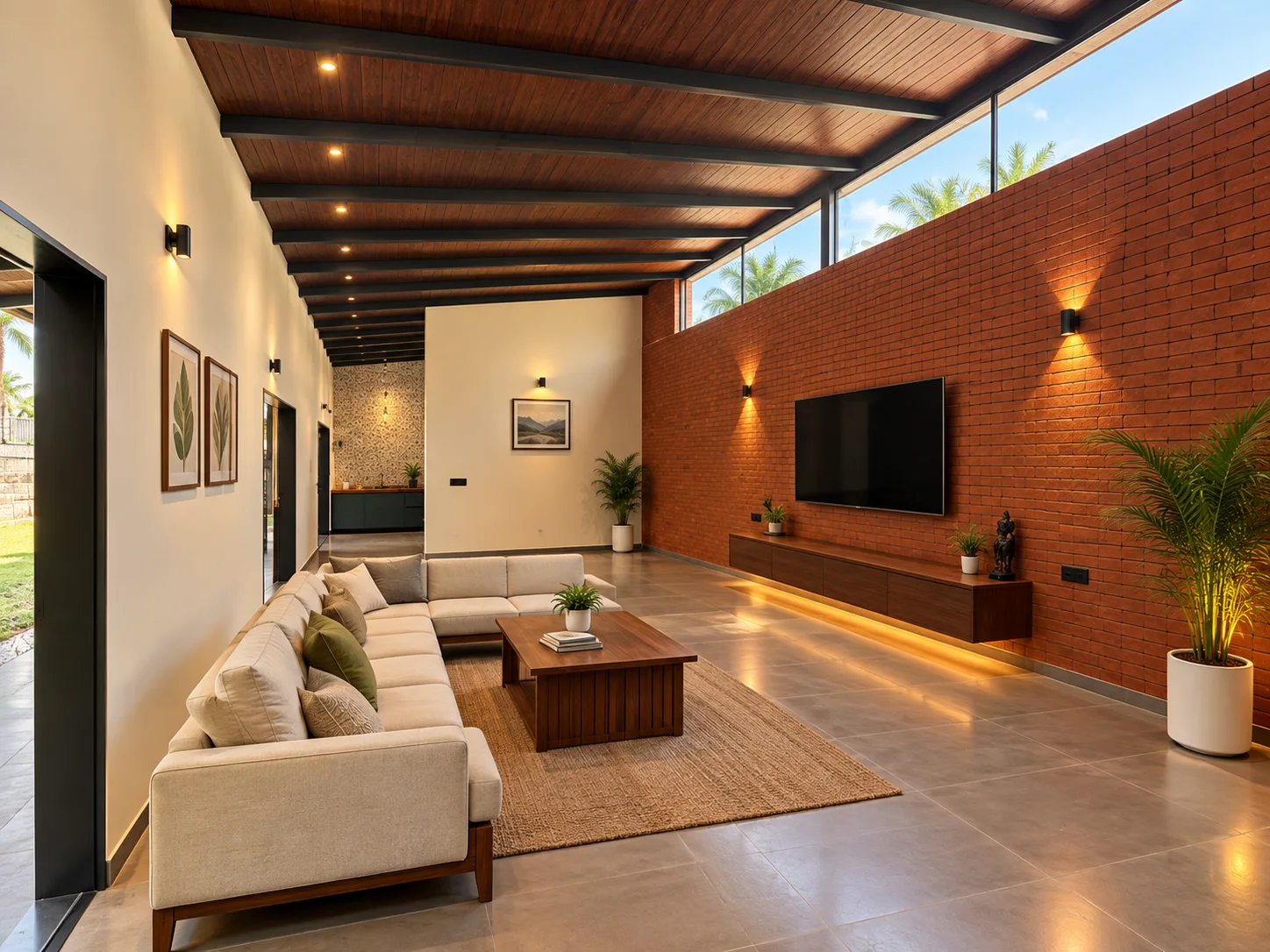 Great room with exposed brick wall, L-shaped sofa and clerestory windows