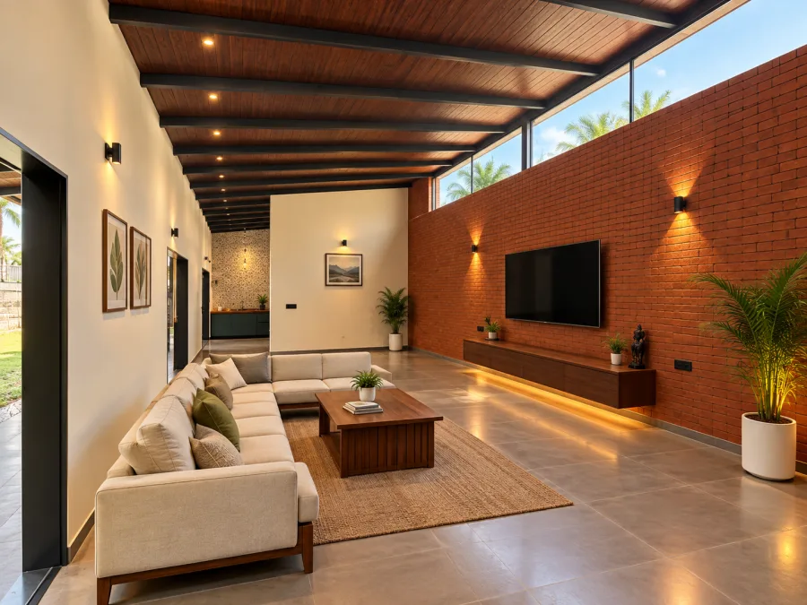 Great room with brick wall
