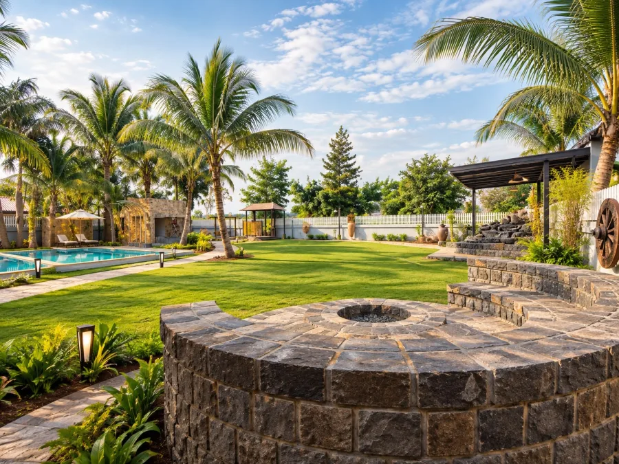 Lawn, pool and fire pit by day