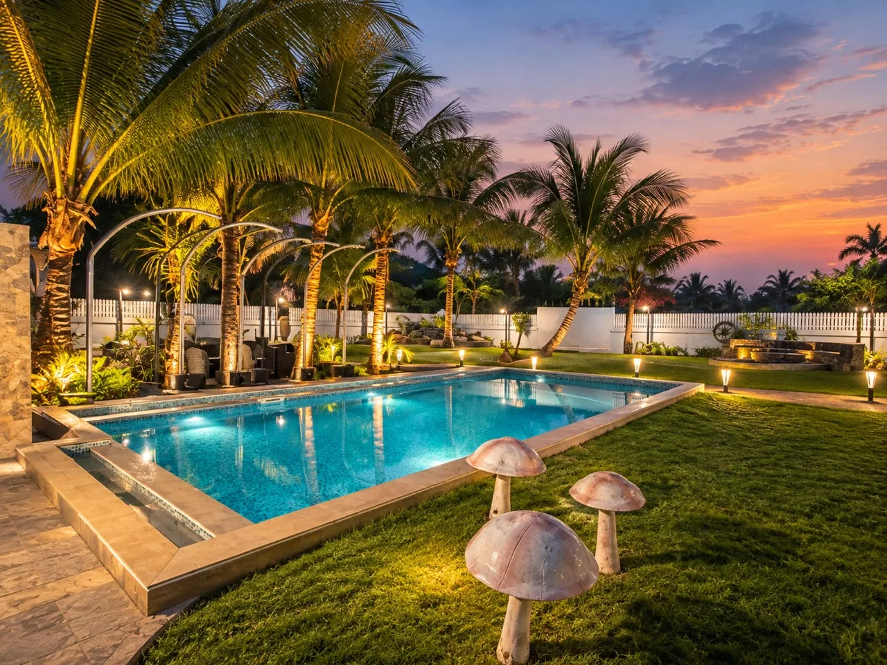 Palm-lined swimming pool glowing at dusk